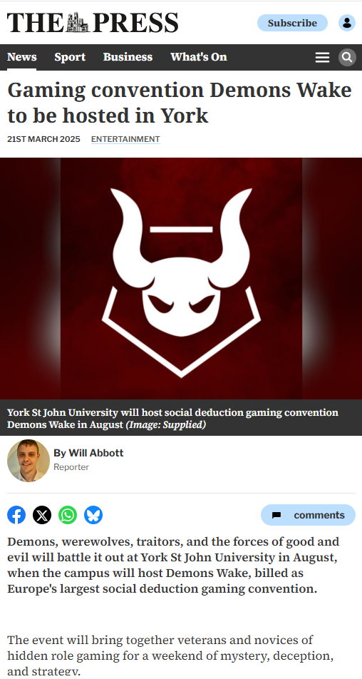 Gaming convention Demons Wake to be hosted in York